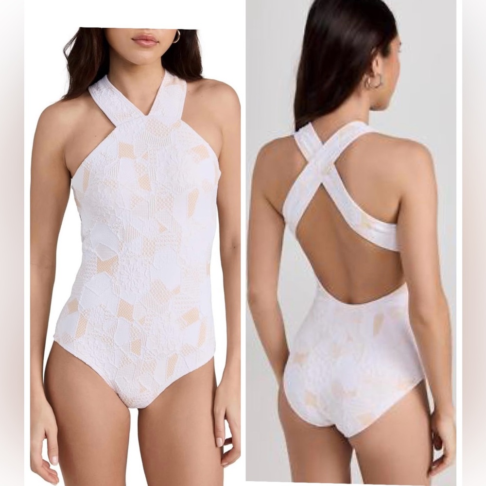 NEW Shoshanna Swimwear High Neck One Piece Textured White/Tan sz 10